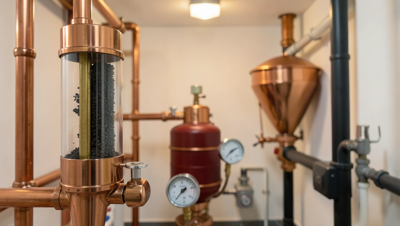 Filtr magnetyczny, naczynie przeponowe i zabezpieczenia w instalacji pelletowej