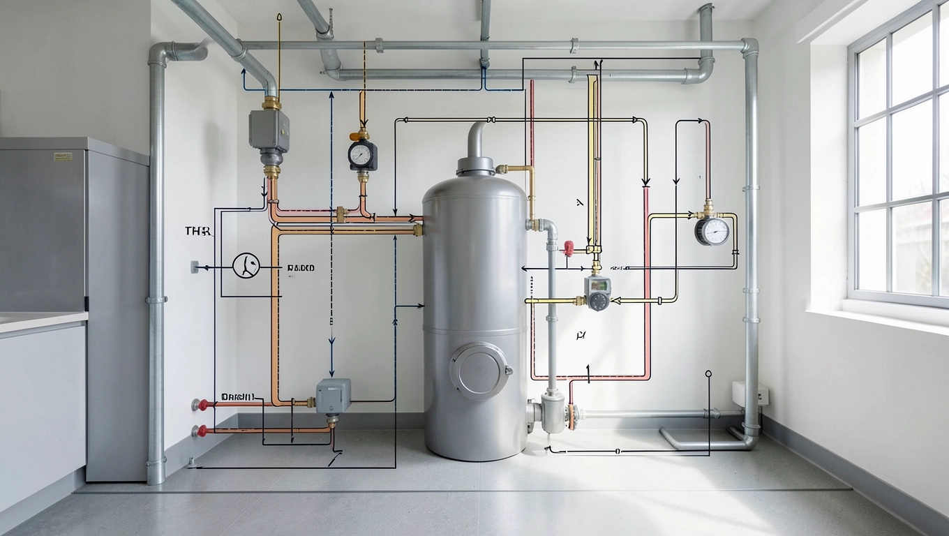 Schemat hydrauliczny kotłowni na pellet z buforem ciepła