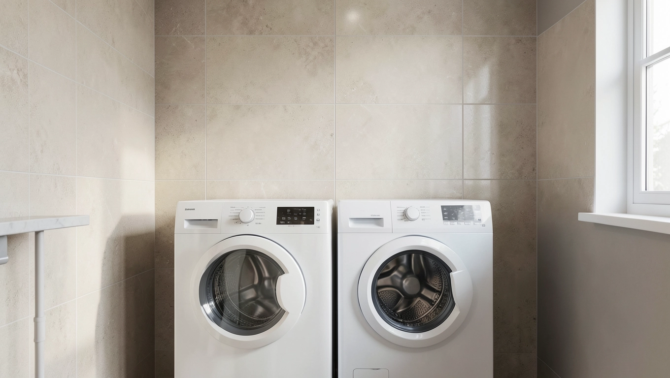 Ściany w pralni: ceramika, lamperia i panele winylowe LVT