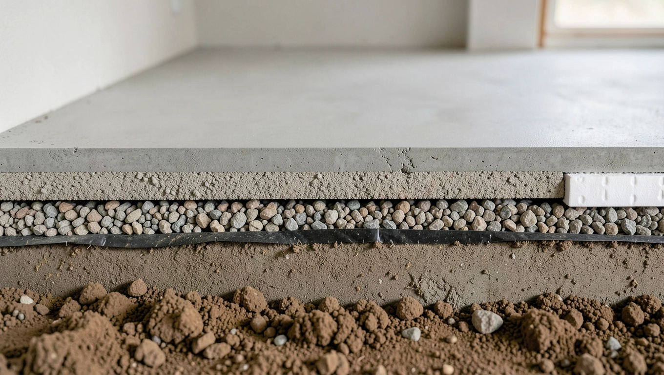 Warstwy podłogi w piwnicy chudy beton, izolacja i jastrych