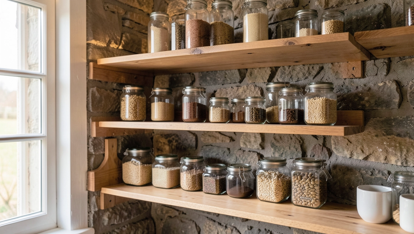 Drewniane regały w spiżarni