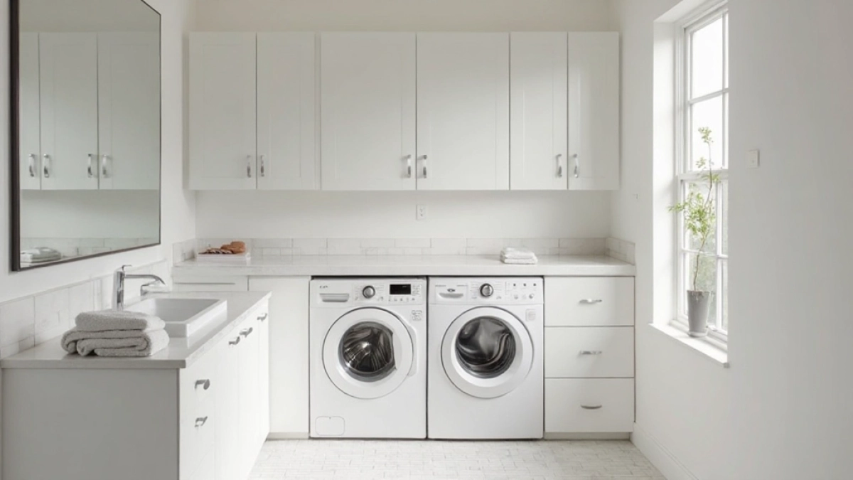 Łazienka z pralką i suszarką w zabudowie