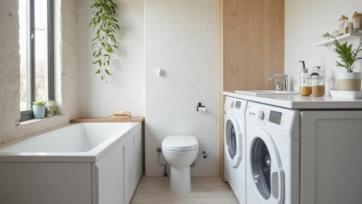 Łazienka z wanną pralką i suszarka