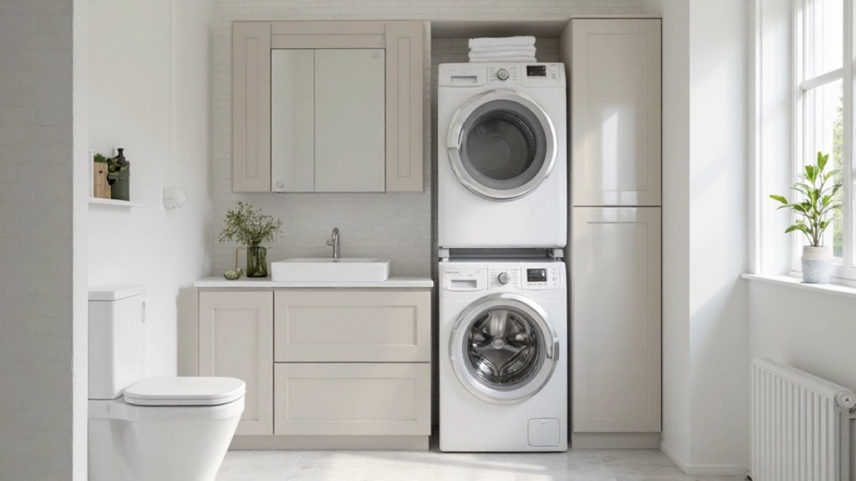 Mała łazienka z pralką i suszarką