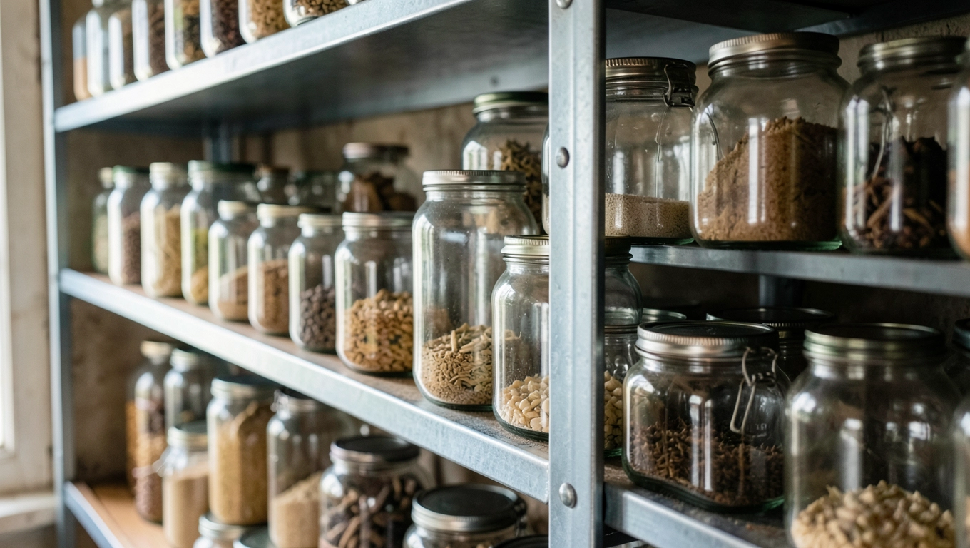 Metalowe regały na słoiki w spiżarni