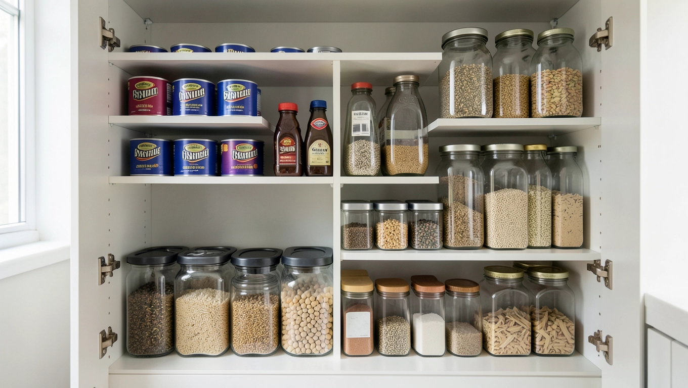 Półki w zabudowanej spiżarni kuchennej