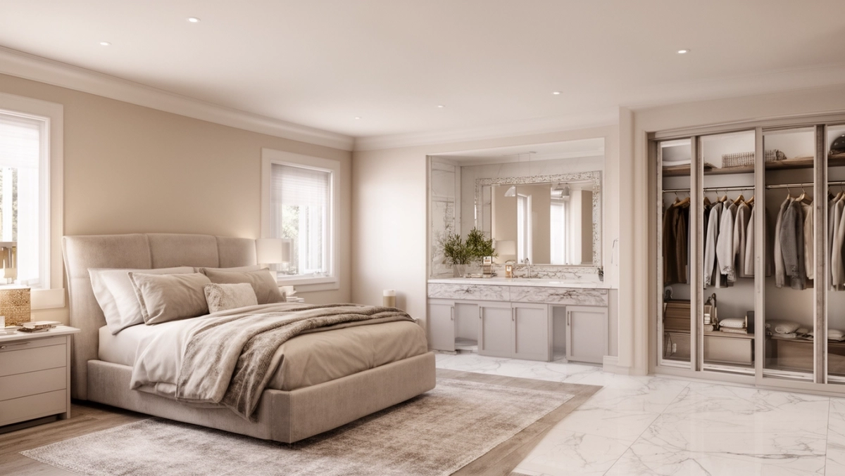 Projekt domu parterowego sypialnia z łazienką i garderobą