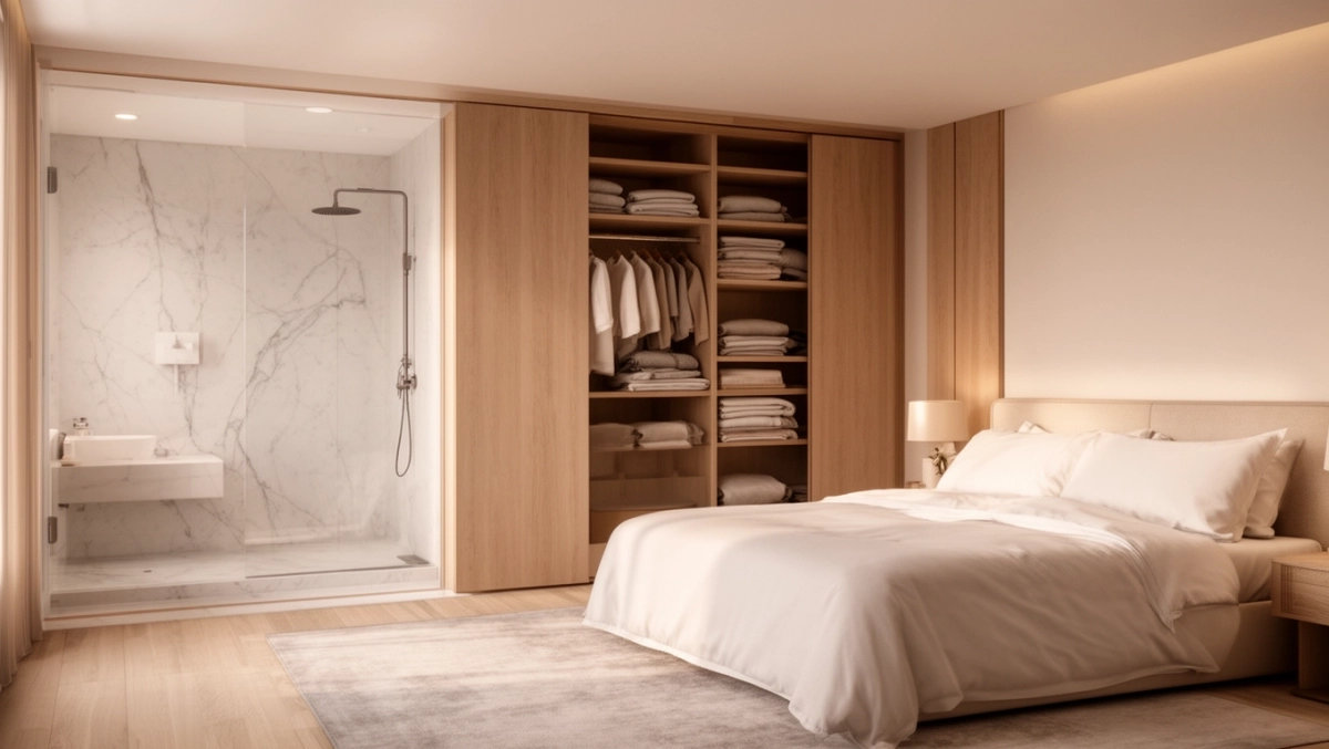 Projekt sypialni z łazienką i garderobą