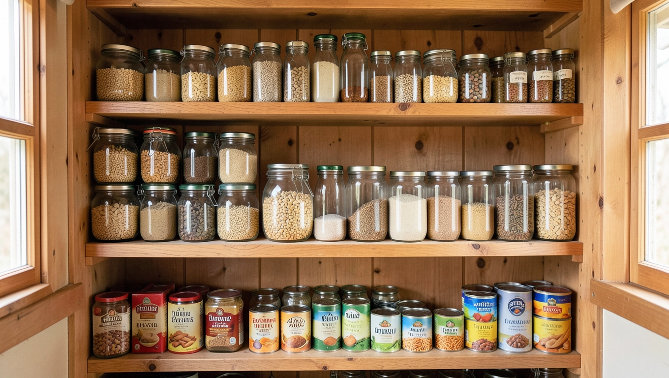 Regały drewniane w spiżarni