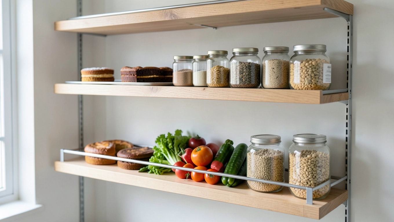 Regulowane drewniane półki do spiżarni