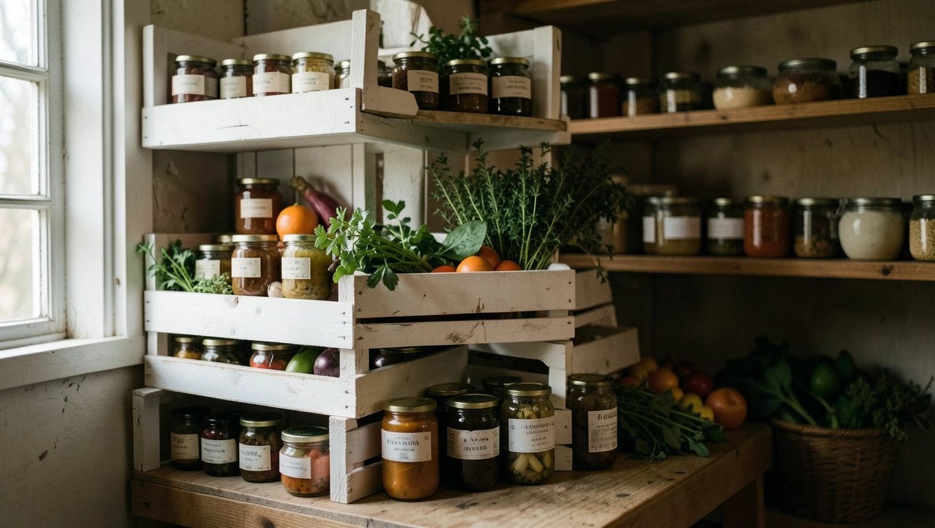 Rustykalna spiżarnia ze skrzynkami