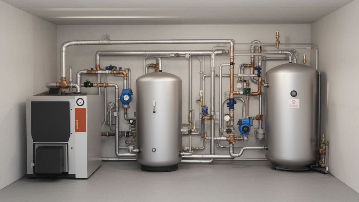 Schemat kotłowni na paliwo stałe z buforem