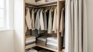 garderoba w sypialni za zasłoną
