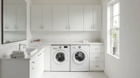 Łazienka z pralką i suszarką w zabudowie