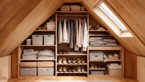 Mała garderoba na poddaszu ze skosami