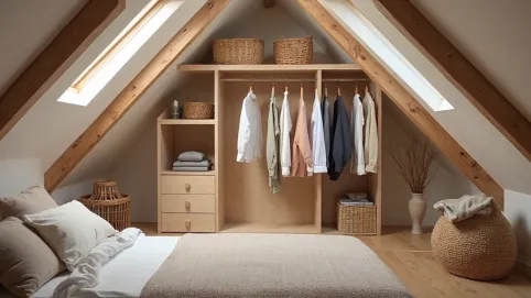 Otwarta garderoba na poddaszu