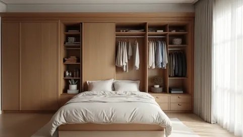 Sypialnia z garderobą za łóżkiem