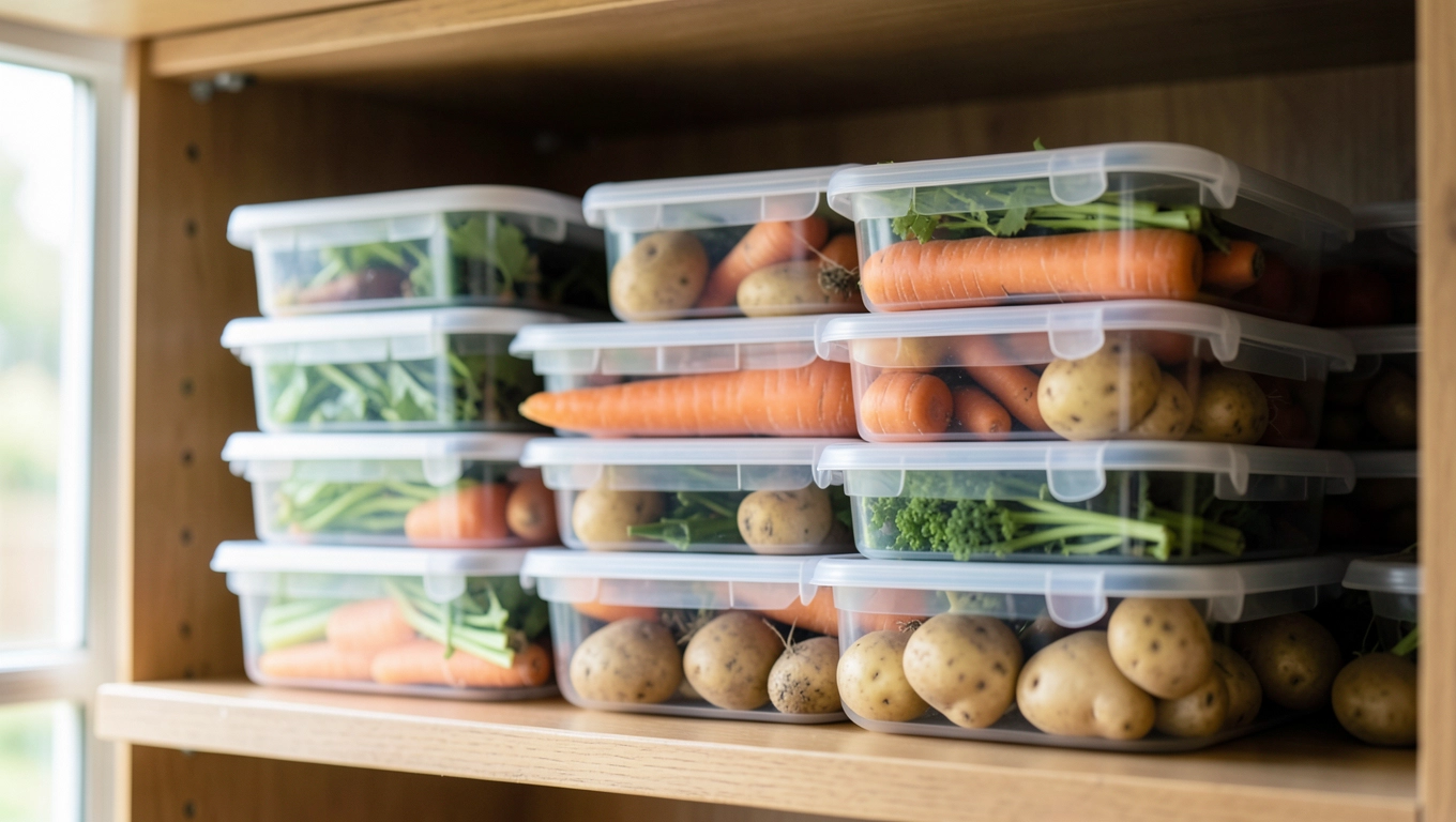 stackowanie pojemników w spiżarni