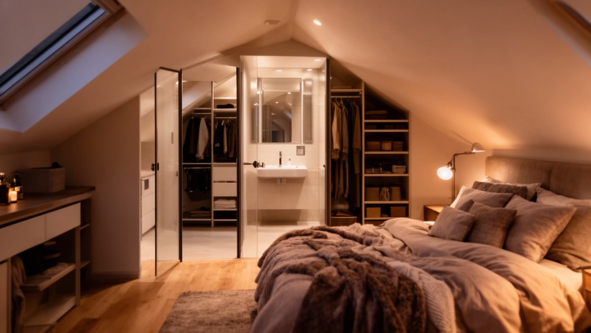 Sypialnia z łazienką i garderobą na poddaszu